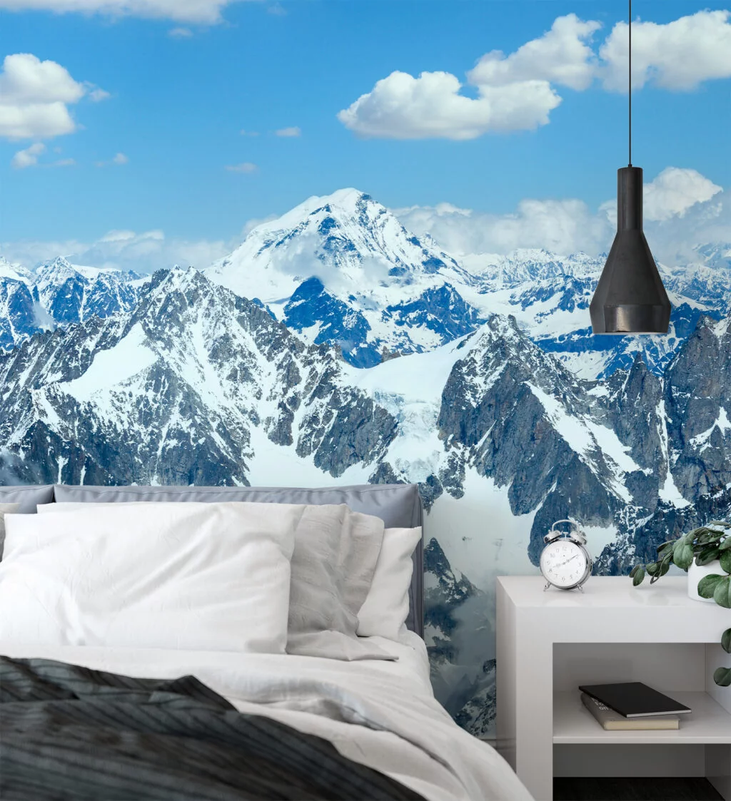 Large Snowy Mountains With A Beautiful View Wallpaper, Majestic Mountain Peaks Peel & Stick Wall Mural