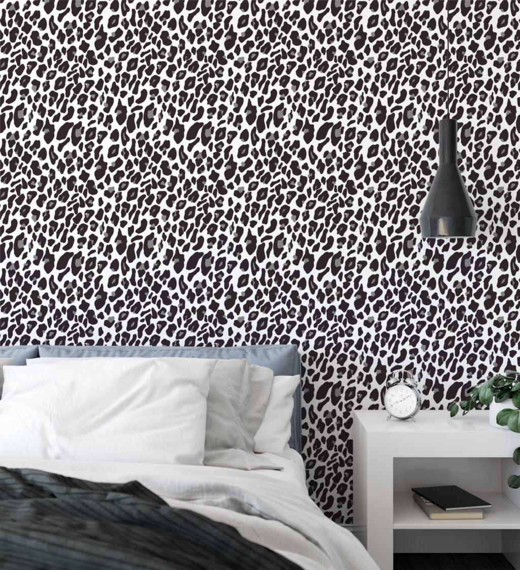 White Grey Leopard Jaguar Skin Pattern Illustration Wallpaper, Sleek Monochrome Leopard Spot Peel & Stick Wall Mural