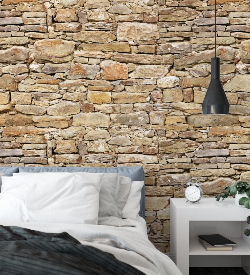 Rock Wall Of Bricks Wallpaper, Authentic Stone Wall Effect Peel & Stick Wall Mural