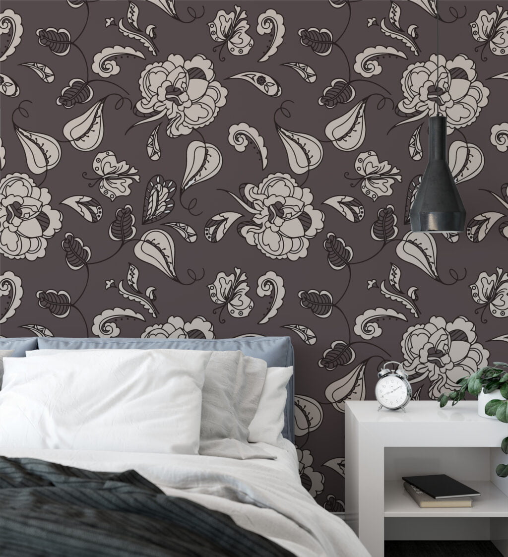 Abstract Paisley Vintage Style Wallpaper, Elegant Monochrome Floral Peel & Stick Wall Mural