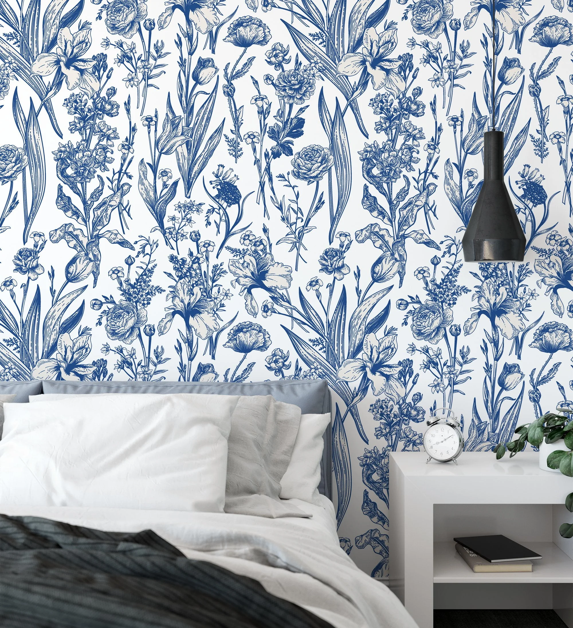 Vintage Dutch Style Blue Flowers And Leaves Wallpaper, Classic Blue Botanical Illustration Peel & Stick Wall Mural