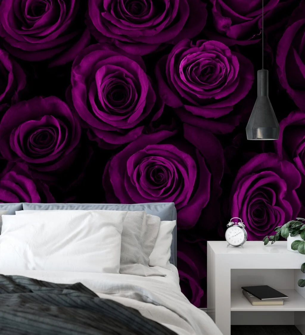 Floral Deep Purple Roses Wallpaper, Midnight Velvet Roses Peel & Stick Wall Mural