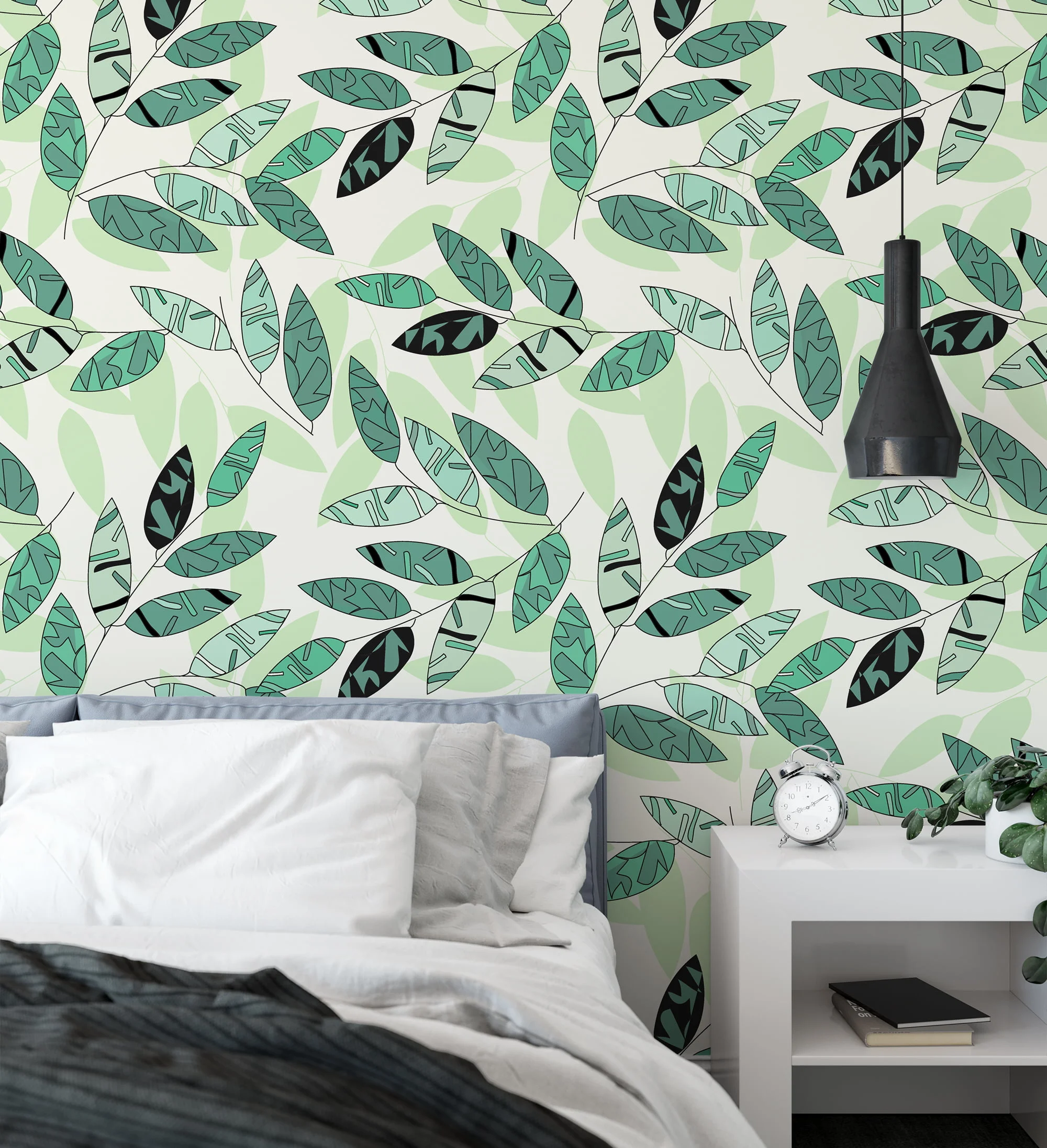 Outlined Green Leaves Wallpaper, Fresh Green Botanical Design Peel & Stick Wall Mural