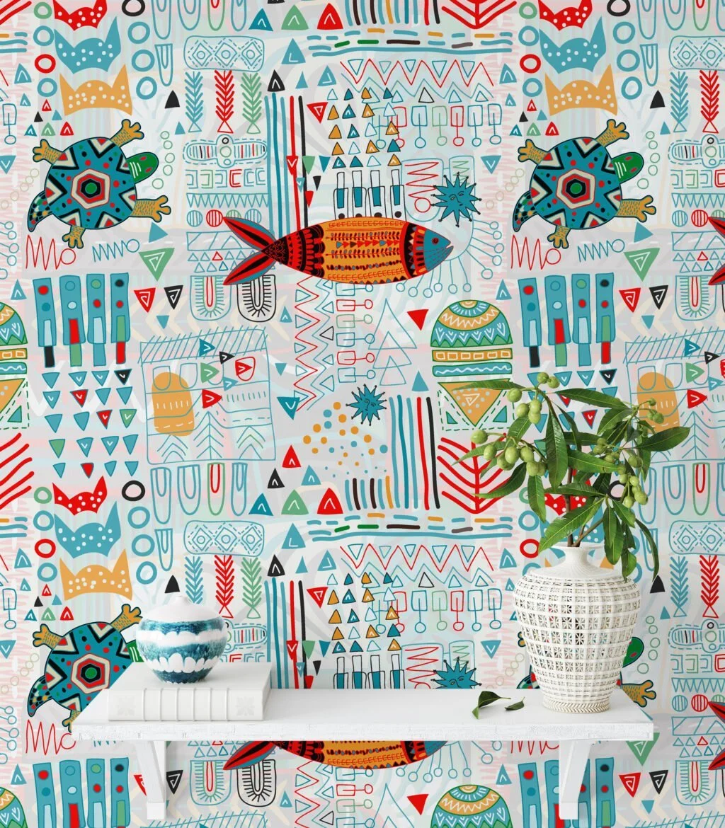 Eclectic Kids Hieroglyphic Illustration Wallpaper, Vibrant Tribal Geometric Peel & Stick Wall Mural