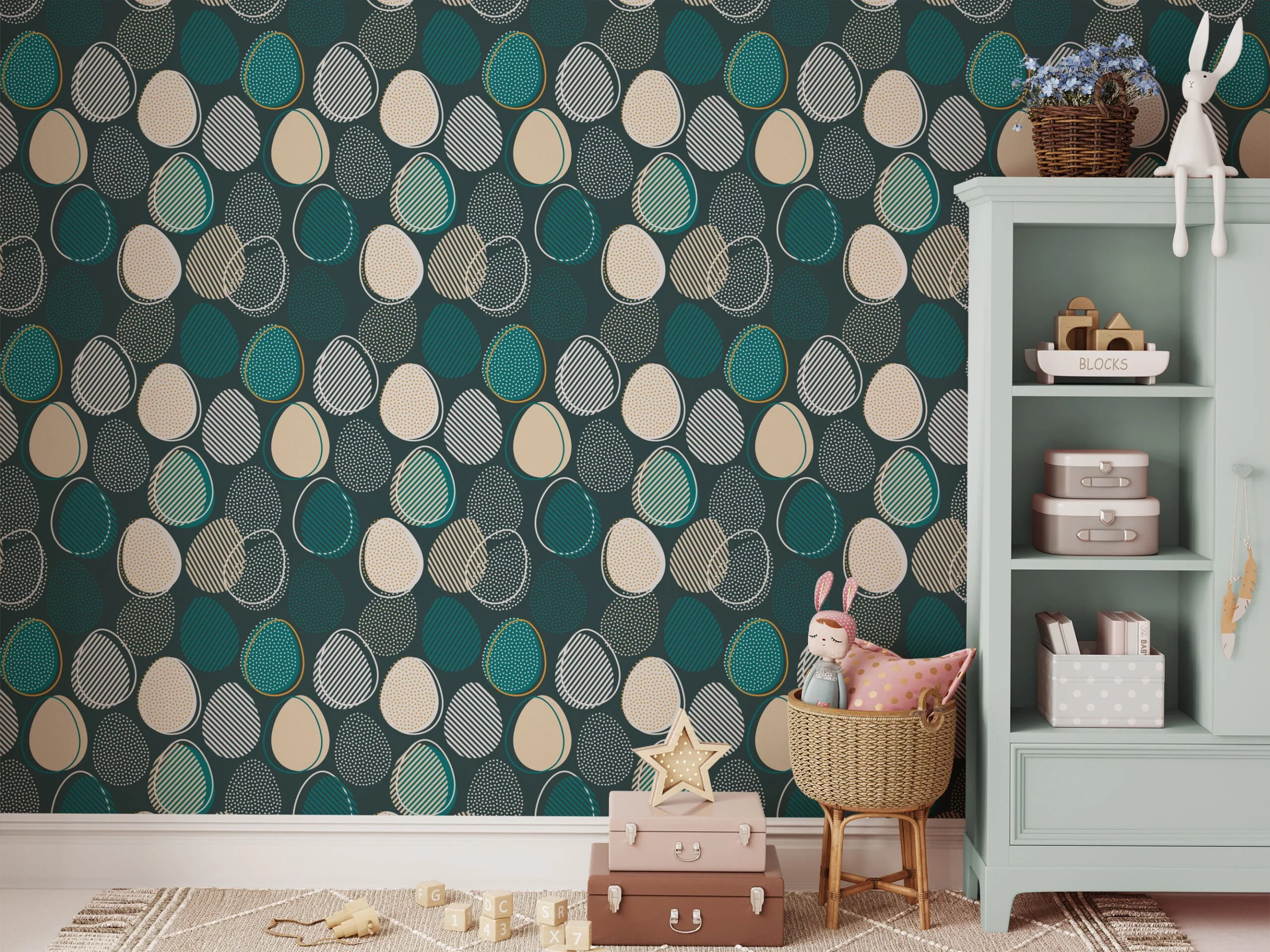 Teal Egg Shaped Abstract Illustration Wallpaper, Elegant Geometric Navy Peel & Stick Wall Mural