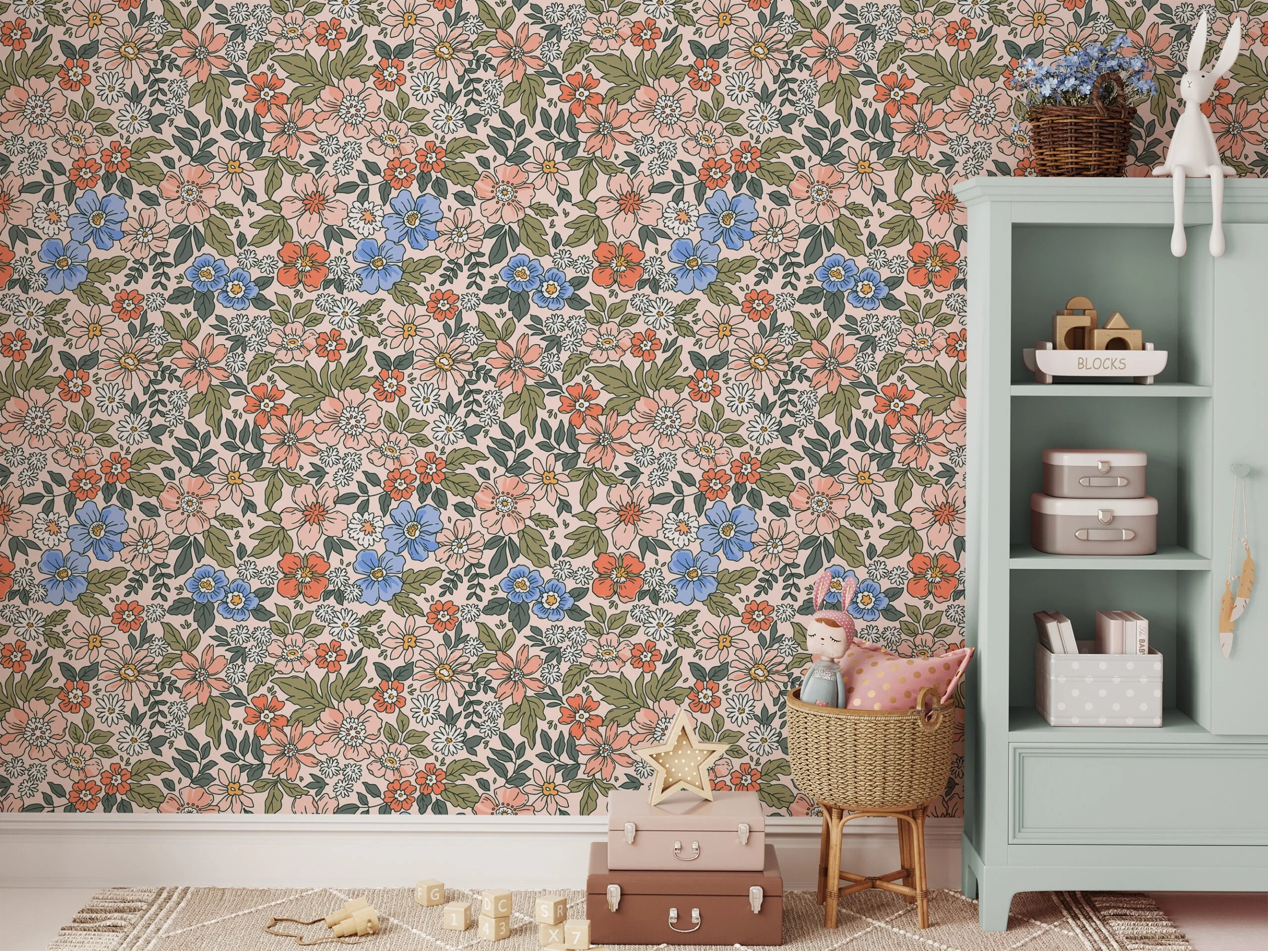 Outlined Flowers Design Illustration Wallpaper, Retro Floral Blooms Peel & Stick Wall Mural