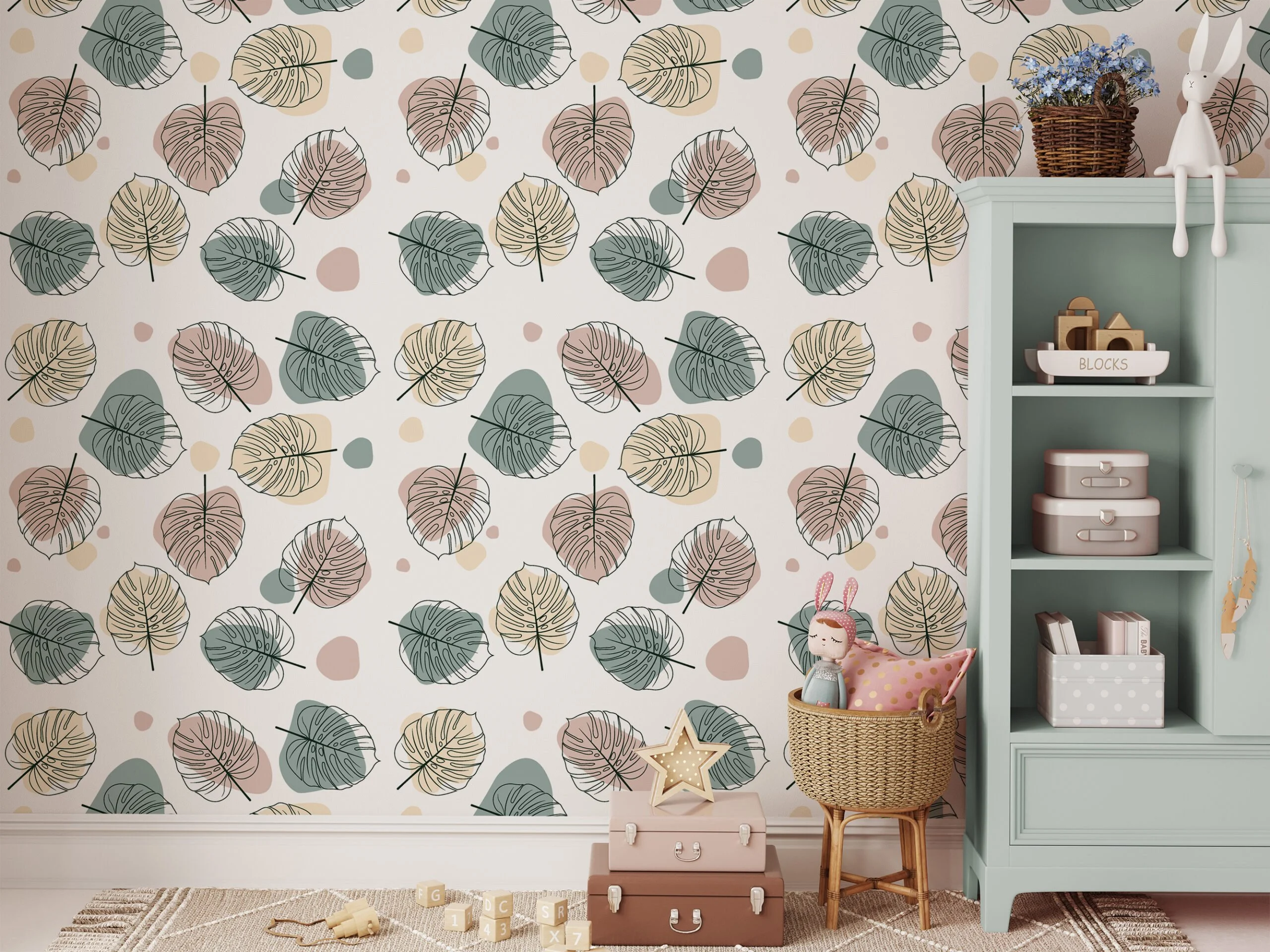 Line Art Monstera Leaves Pattern Illustration Wallpaper, Soft Sketch Leaves Peel & Stick Wall Mural