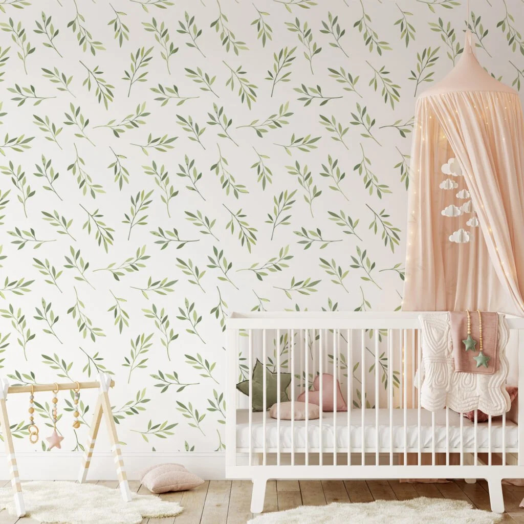 Watercolor Style Green Branches Leaves Wallpaper, Gentle Green Sprigs Peel & Stick Wall Mural