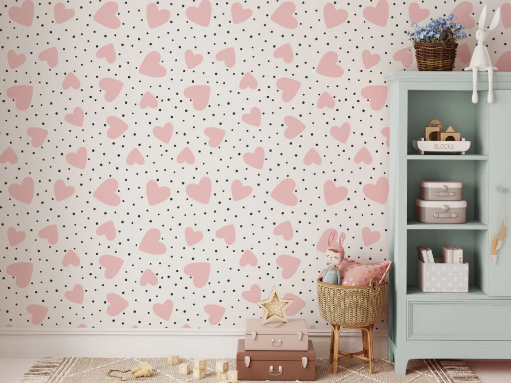 Simple Pink Hearts And Black Dots Illustration Wallpaper, Sweet Pink Hearts Nursery Peel & Stick Wall Mural