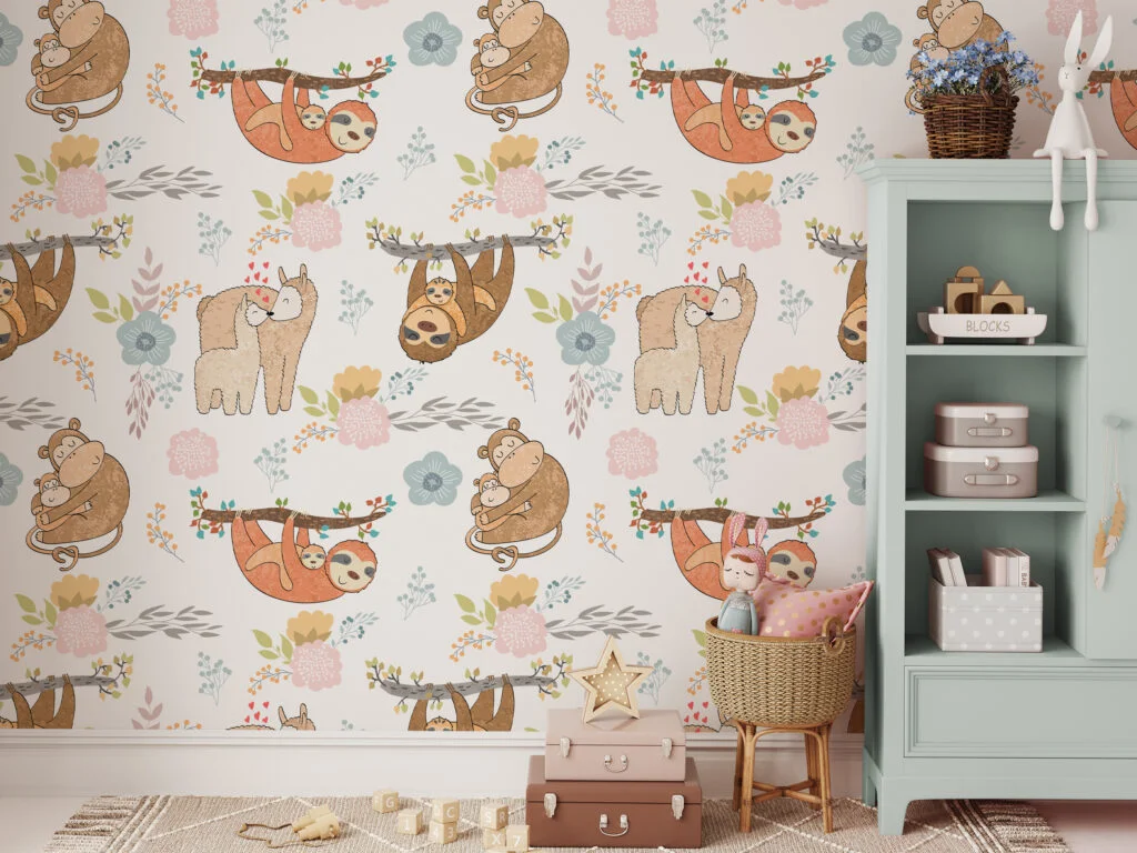 Nursery Animals With Sloths Sheep And Monkeys Illustration Wallpaper, Cozy Animal Peel & Stick Wall Mural