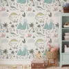 Nursery Dinosaurs Drawings With Flowers Illustration Wallpaper, Dinosaur Adventure Kids Room Peel & Stick Wall Mural