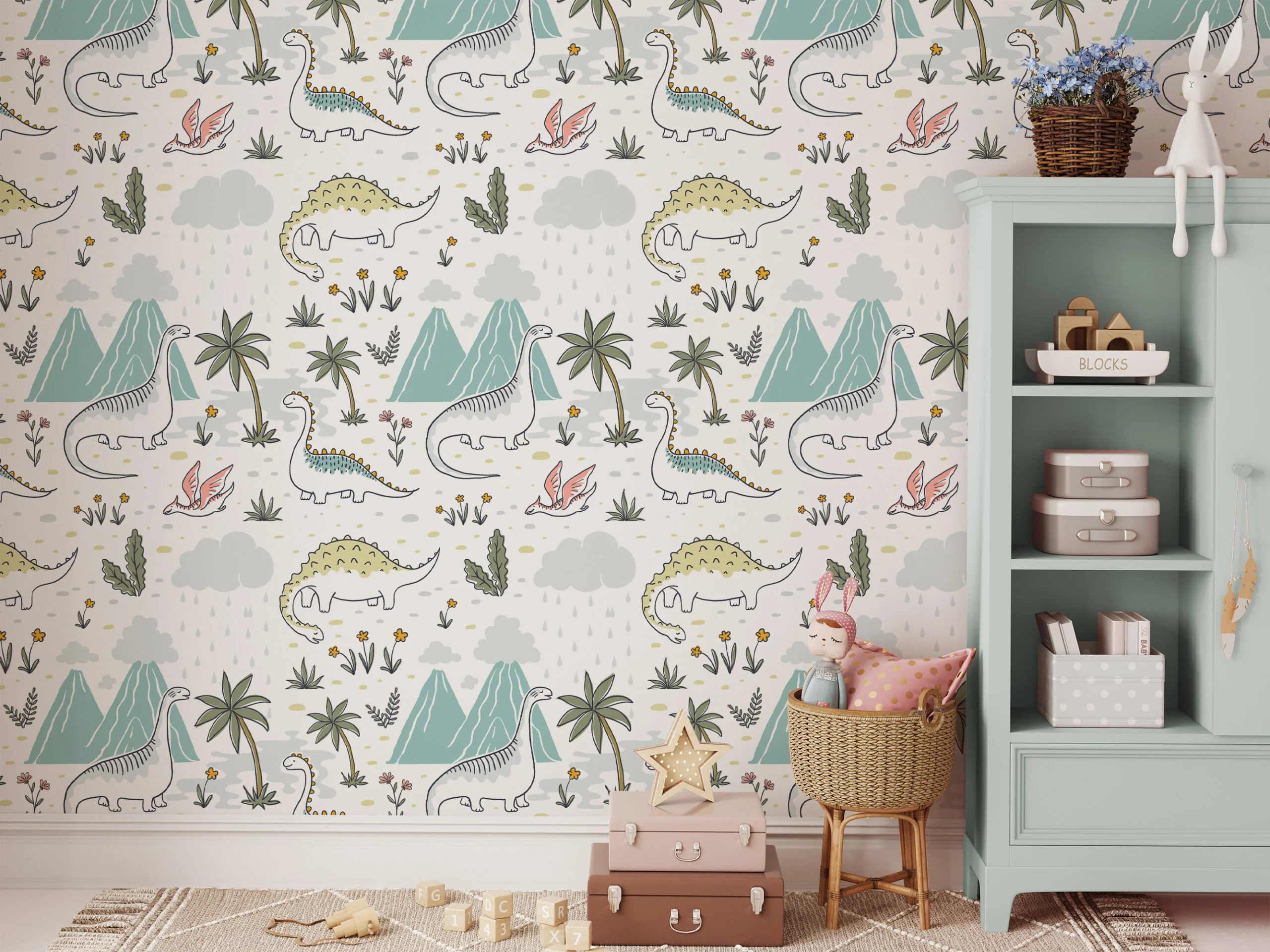 Nursery Dinosaurs Drawings With Flowers Illustration Wallpaper, Dinosaur Adventure Kids Room Peel & Stick Wall Mural