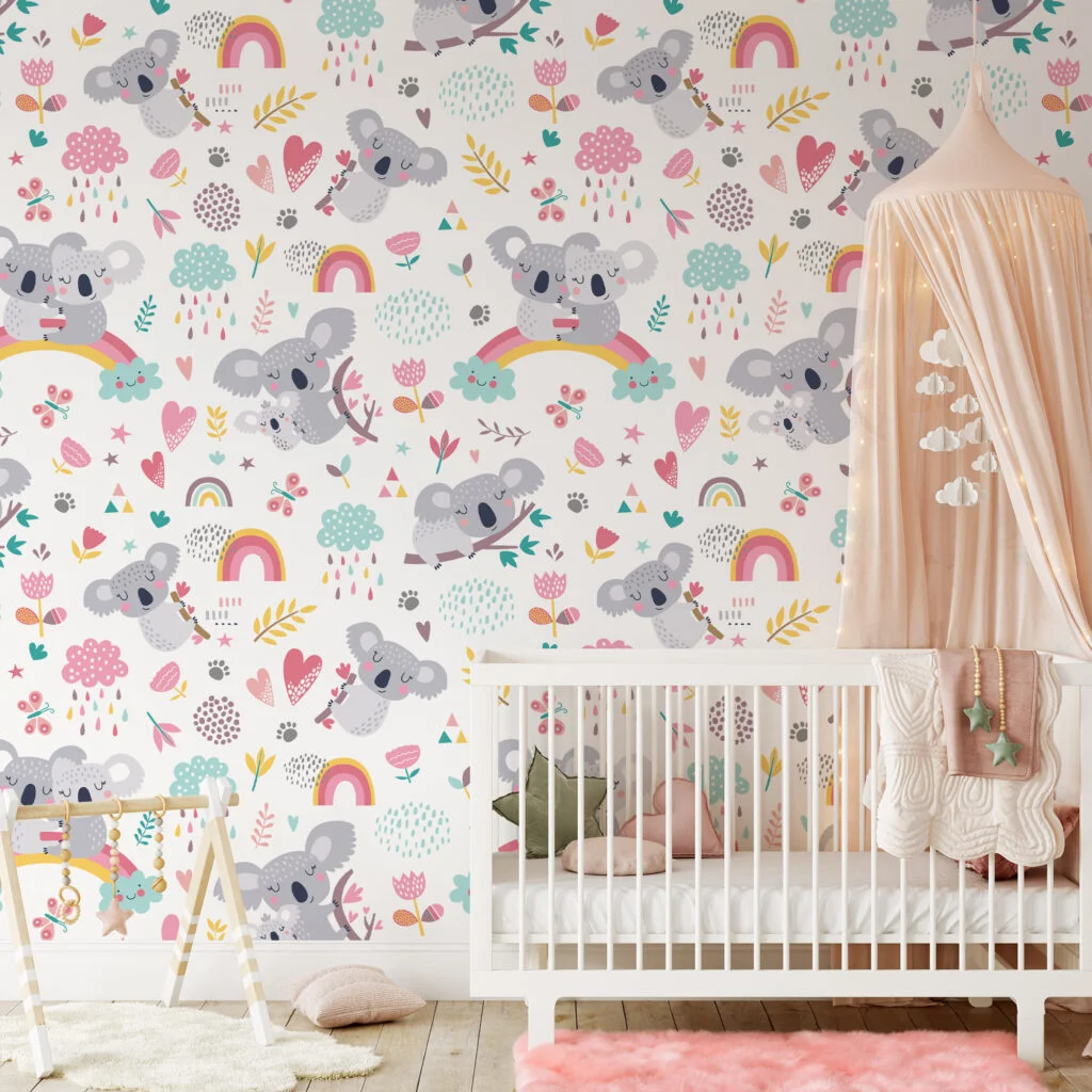 Nursery Cute Flat Art Koala Design Illustration Wallpaper, Enchanting Koala Peel & Stick Wall Mural