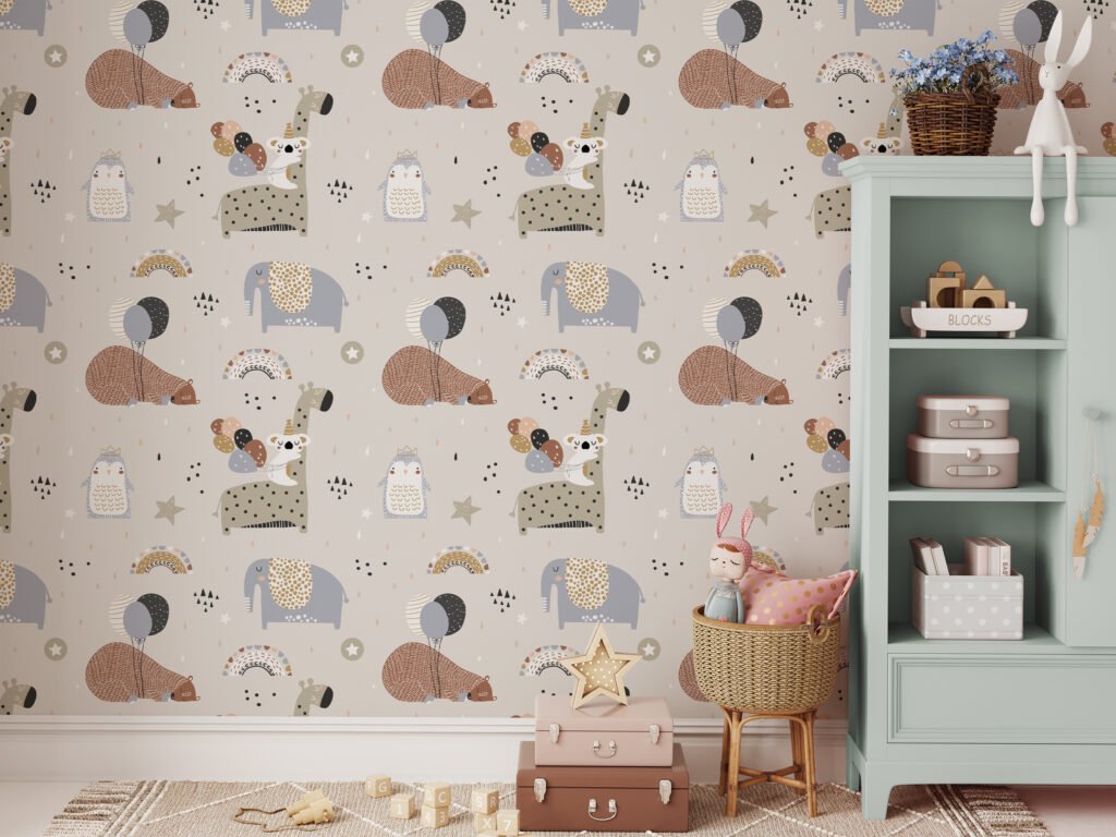 Cute Nursery Sleepy Animals With Muted Colors Pattern Illustration Wallpaper, Gentle Animal Children Peel & Stick Wall Mural
