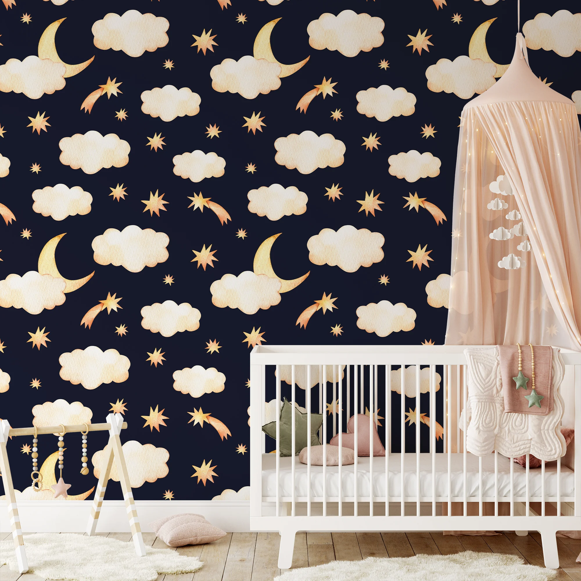 Watercolor Nursery Moon Night Clouds With Stars Illustration Wallpaper, Night Sky Dreams Peel & Stick Wall Mural