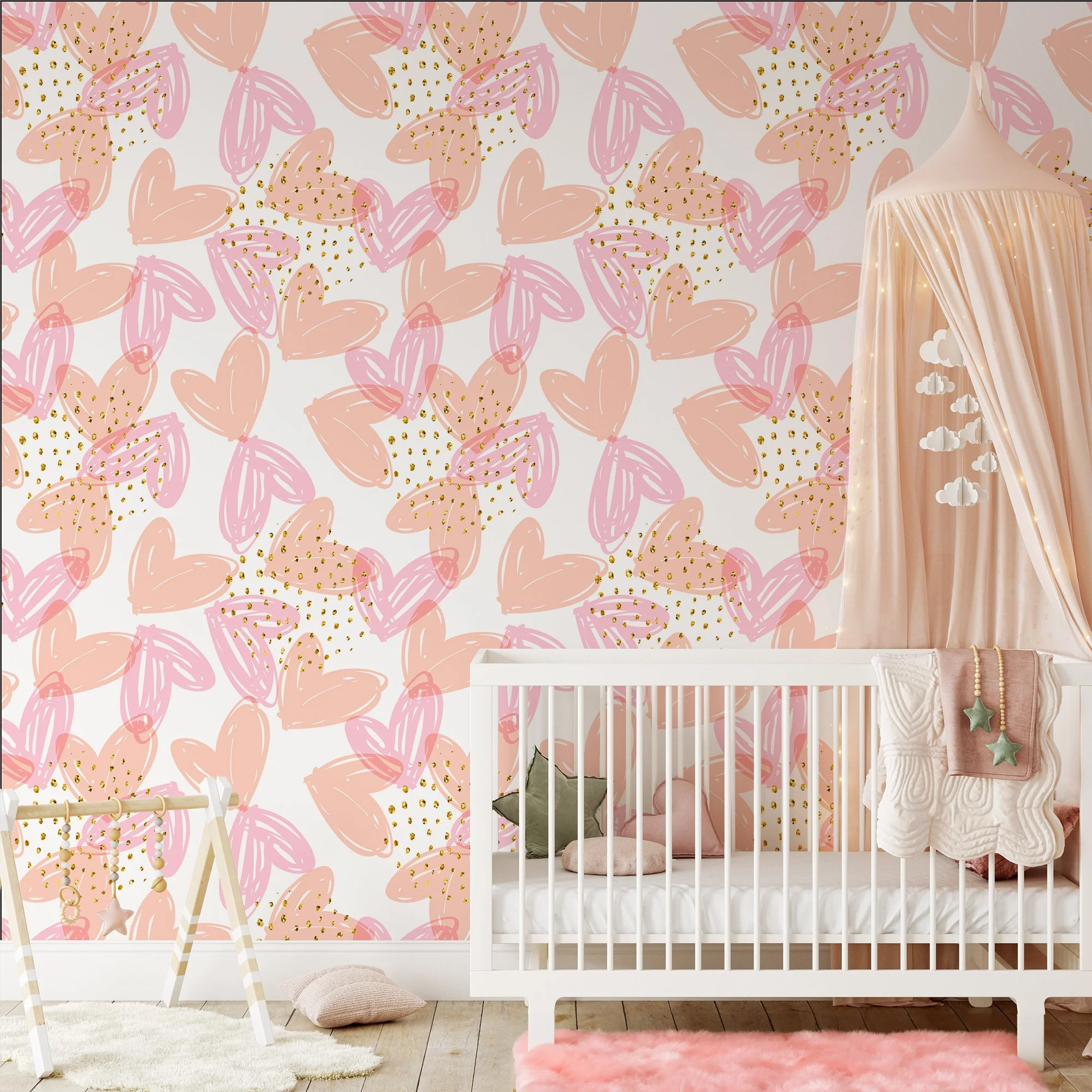 Pastel Peach Pink Hearts Drawing Illustration Wallpaper, Speckled Modern Design Peel & Stick Wall Mural
