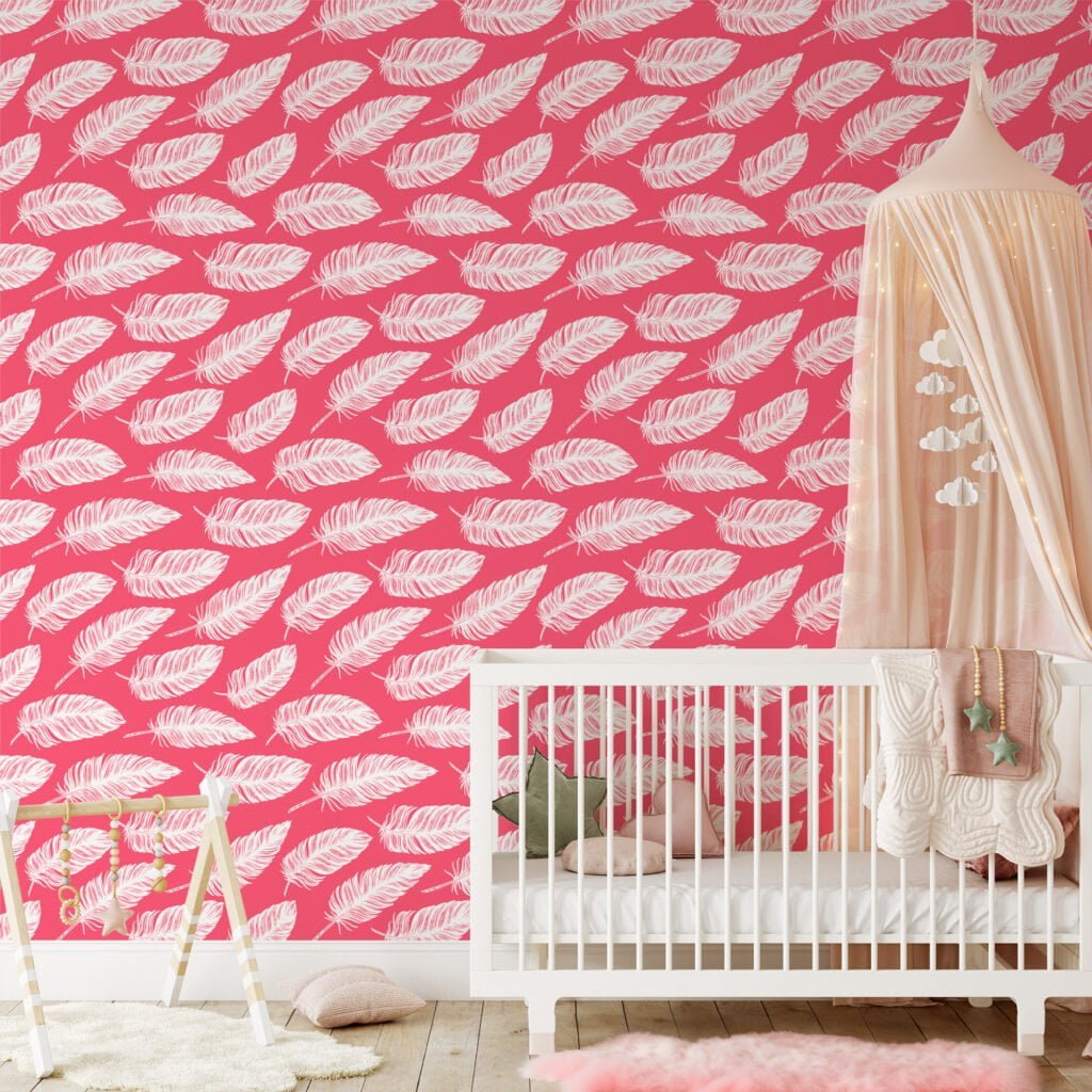 White Feathers Pattern Line Art With A Punch Pink Background Wallpaper, Contemporary Peel & Stick Wall Mural