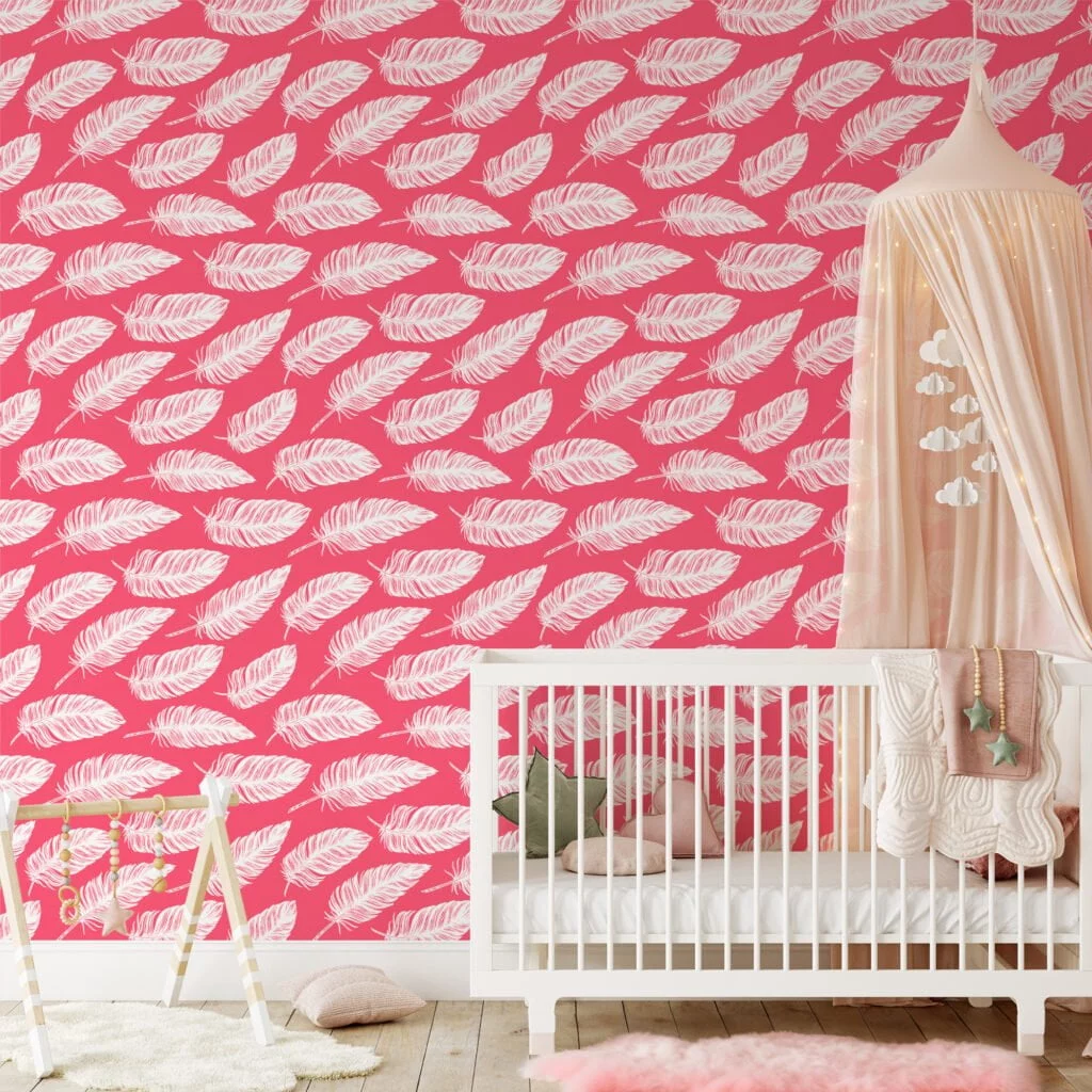 White Feathers Pattern Line Art With A Punch Pink Background Wallpaper, Contemporary Peel & Stick Wall Mural