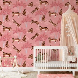 Flat Art Pink Tropical Trees With Tigers Illustration Wallpaper, Whimsical Kids Tropical Peel & Stick Wall Mural