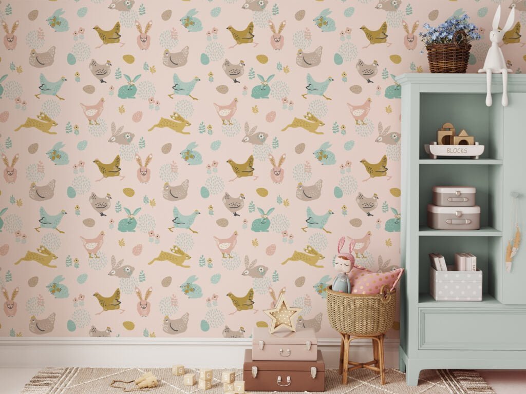 Cute Flat Art Easter Bunnies And Chickens With Eggs Illustration Wallpaper, Soft Pink Nursery Peel & Stick Wall Mural