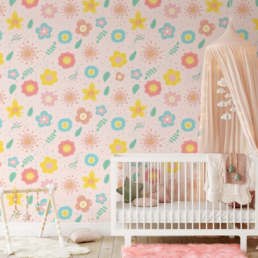 Nursery Abstract Colorful Flowers Pattern Illustration Wallpaper, Cheerful Floral Peel & Stick Wall Mural