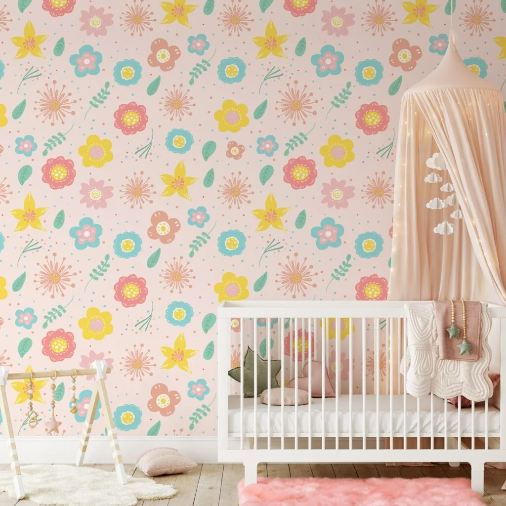 Nursery Abstract Colorful Flowers Pattern Illustration Wallpaper, Cheerful Floral Peel & Stick Wall Mural