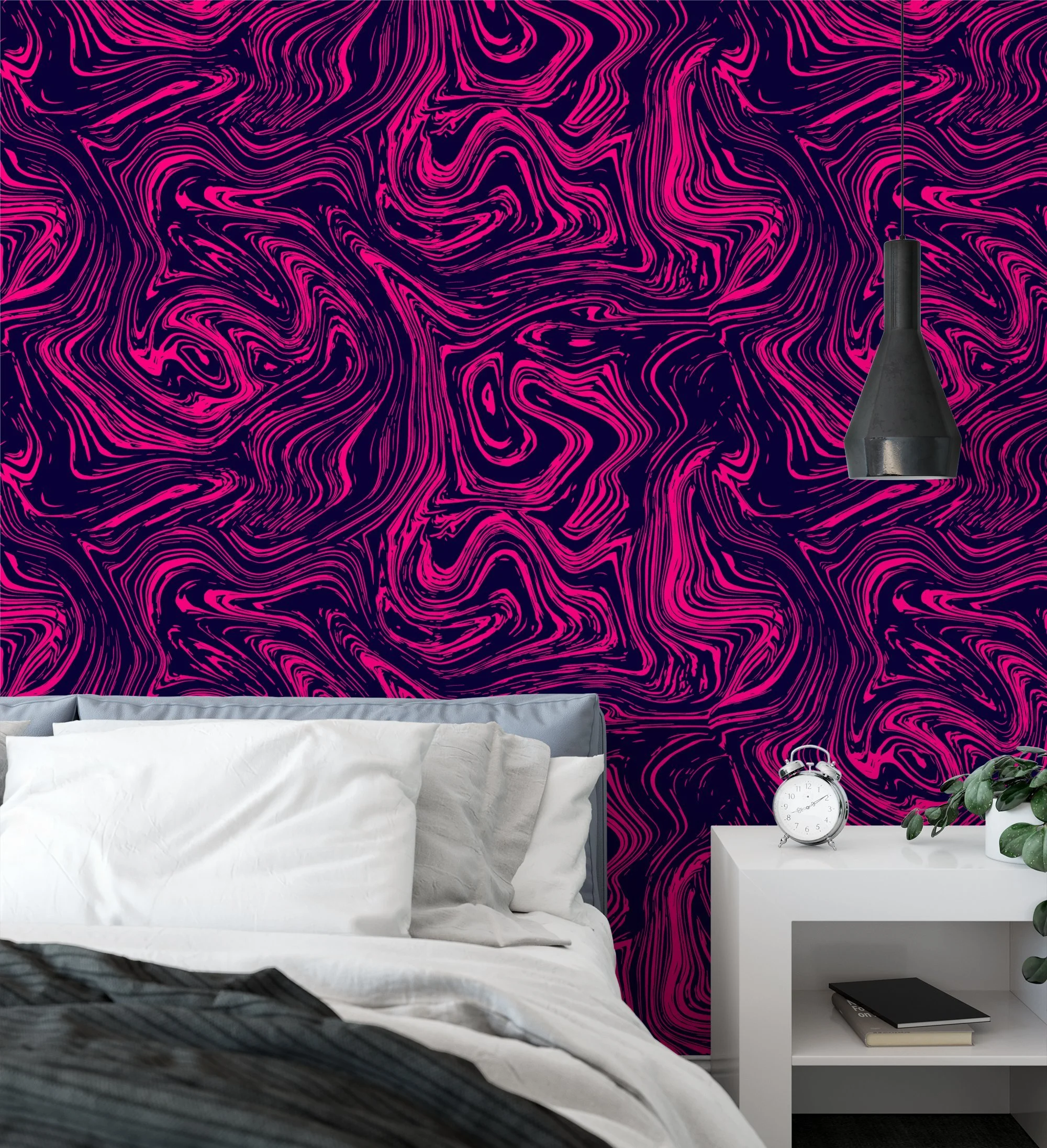 Hot Pink And Dark Purple Abstract Swirls Illustration Wallpaper, Luxurious Abstract Ink Design Peel & Stick Wall Mural