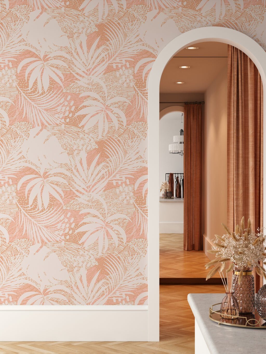 Peach Large Tropical Palm Leaf Silhouette Illustration Wallpaper, Modern Chic Peel & Stick Wall Mural