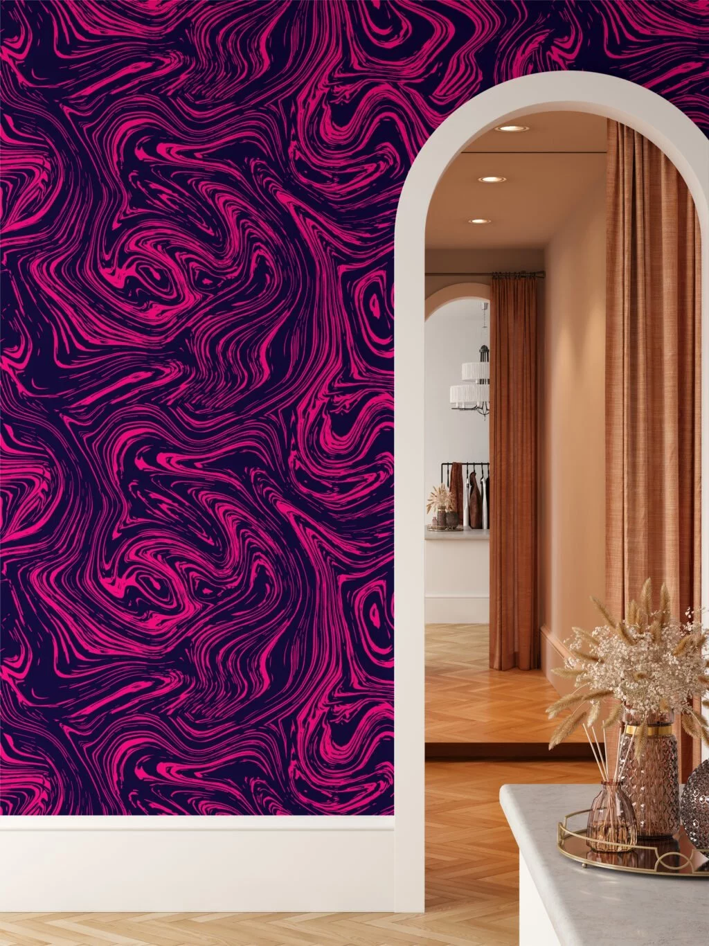 Hot Pink And Dark Purple Abstract Swirls Illustration Wallpaper, Luxurious Abstract Ink Design Peel & Stick Wall Mural
