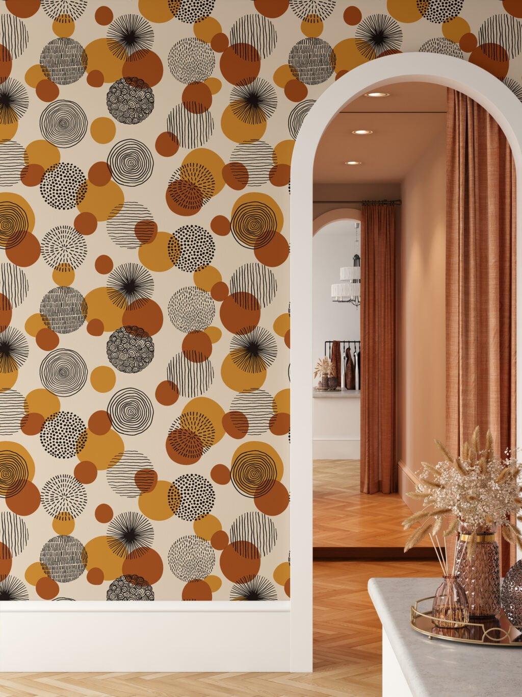 70s Style Circle Patterns Illustration Wallpaper, Retro-Inspired Abstract Dots Peel & Stick Wall Mural