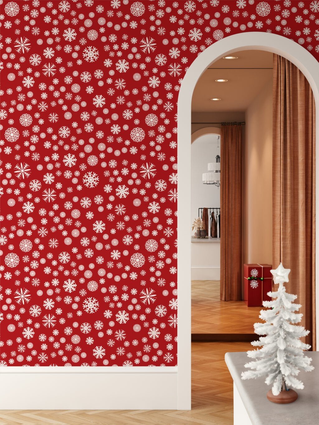 White Snowflakes On A Red Background Illustration Wallpaper, Cheerful Holiday-Inspired Peel & Stick Wall Mural