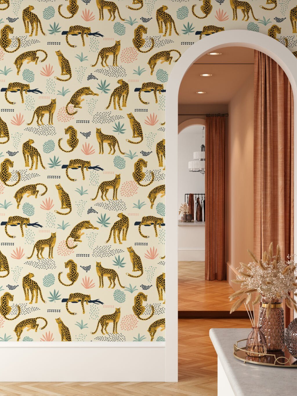 Abstract Leopards And Tropical Leaves Flat Art Design Wallpaper, Playful Leopards Peel & Stick Wall Mural