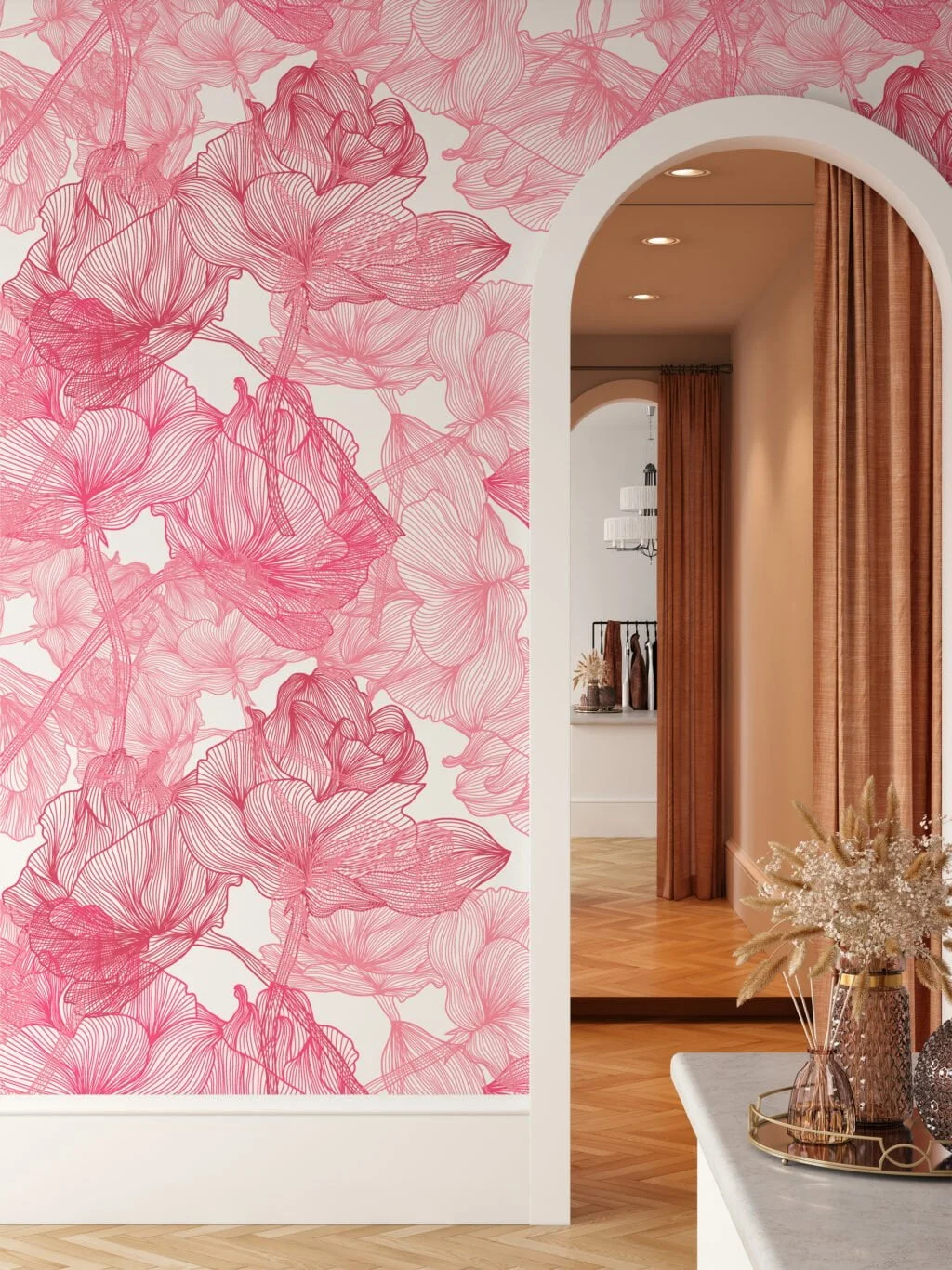 Large Pink Roses Line Art Wallpaper, Elegant Botanical Peel & Stick Wall Mural