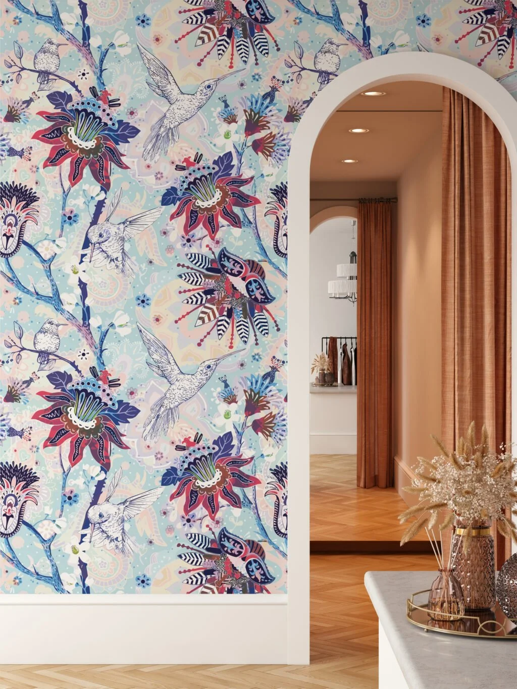 Floral Paisley Pattern With Hummingbirds Illustration Wallpaper, Whimsical Birds and Florals Peel & Stick Wall Mural