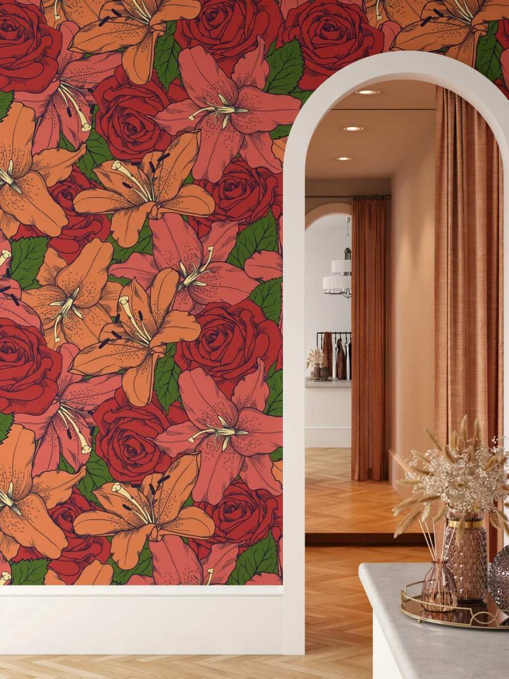 Colorful Retro Outlined Red Roses And Flowers Illustration Wallpaper, Lush Rose and Lily Bloom Peel & Stick Wall Mural