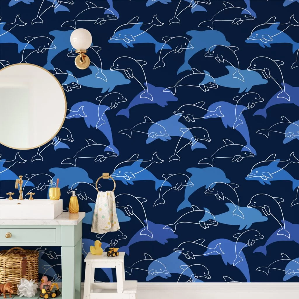 Blue Dolphins Pattern Illustration Wallpaper, Serene Blue Oceanic Kids' Room Peel & Stick Wall Mural