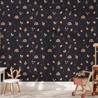 Watercolor Style Rainbows And Flowers Pattern Wallpaper, Whimsical Florals on Midnight Black Peel & Stick Wall Mural