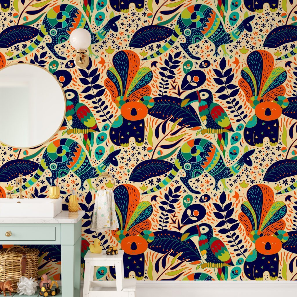 Colorful Folk Art Illustration With Toucans Kangaroos And Koalas Wallpaper, Abstract Jungle Animals Peel & Stick Wall Mural