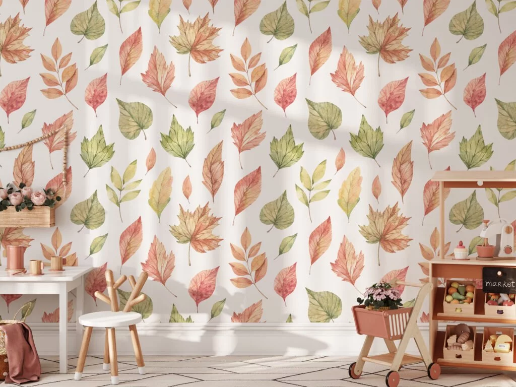 Watercolor Fall Themed Leaves Illustration Wallpaper, Autumn Nature Design Peel & Stick Wall Mural