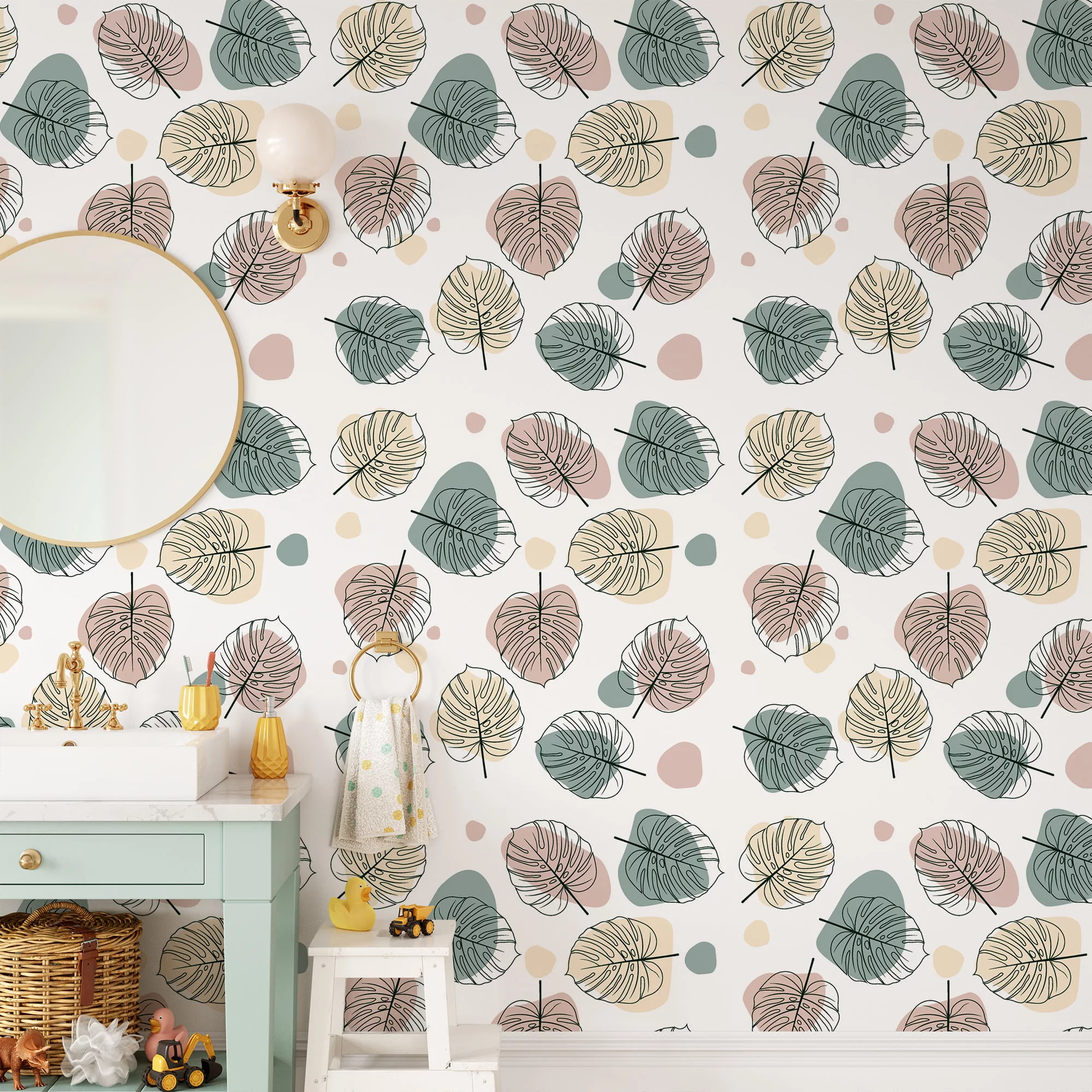 Line Art Monstera Leaves Pattern Illustration Wallpaper, Soft Sketch Leaves Peel & Stick Wall Mural