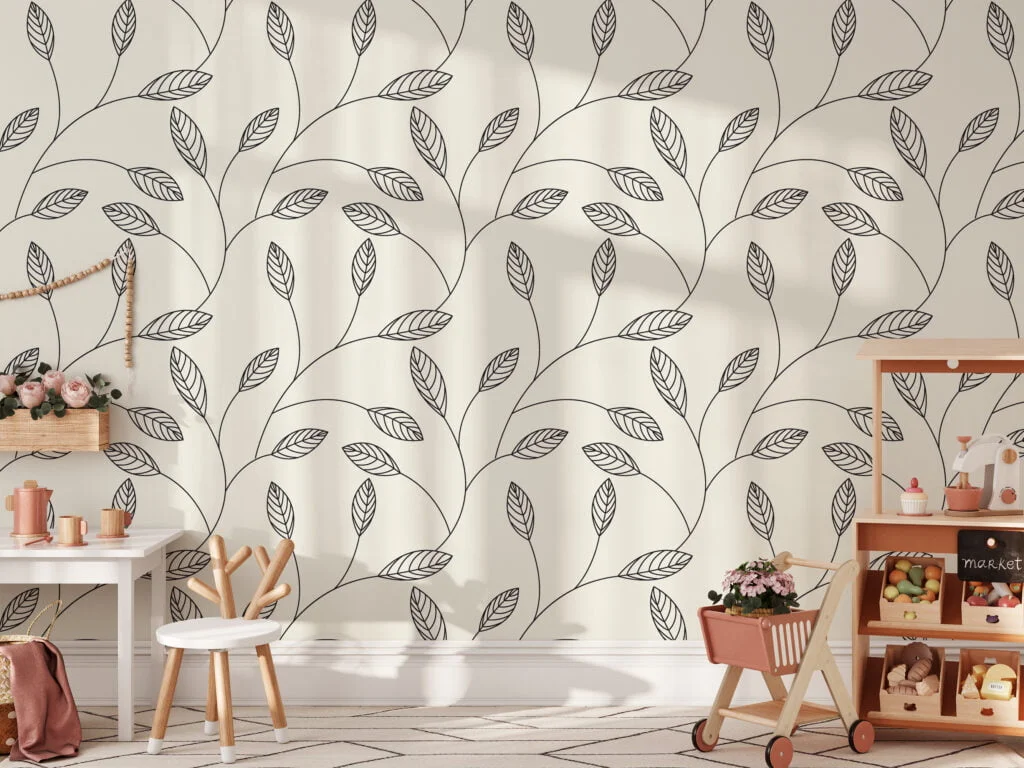 Simple Abstract Leaves Line Art Wallpaper, Minimalist Leaf Art Peel & Stick Wall Mural