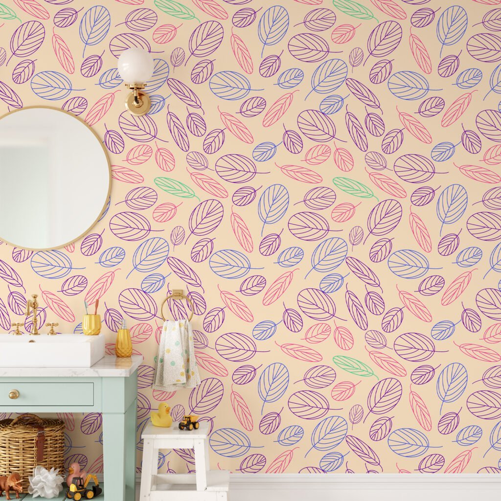 Colorful Abstract Line Art Leaves Wallpaper, Pastel Leaf Harmony Peel & Stick Wall Mural