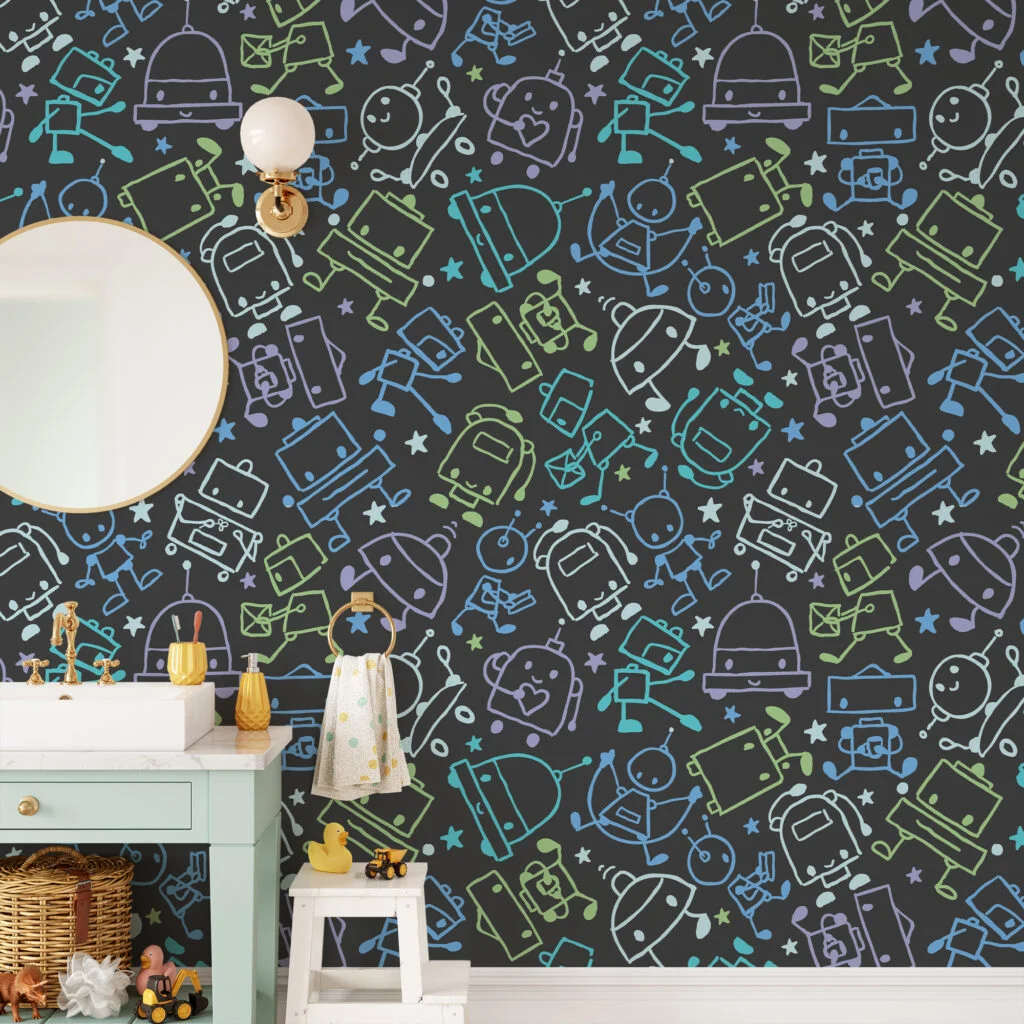 Cute Hand Drawn Playroom Robots Nursery Wallpaper, Galactic Doodle Kids Peel & Stick Wall Mural