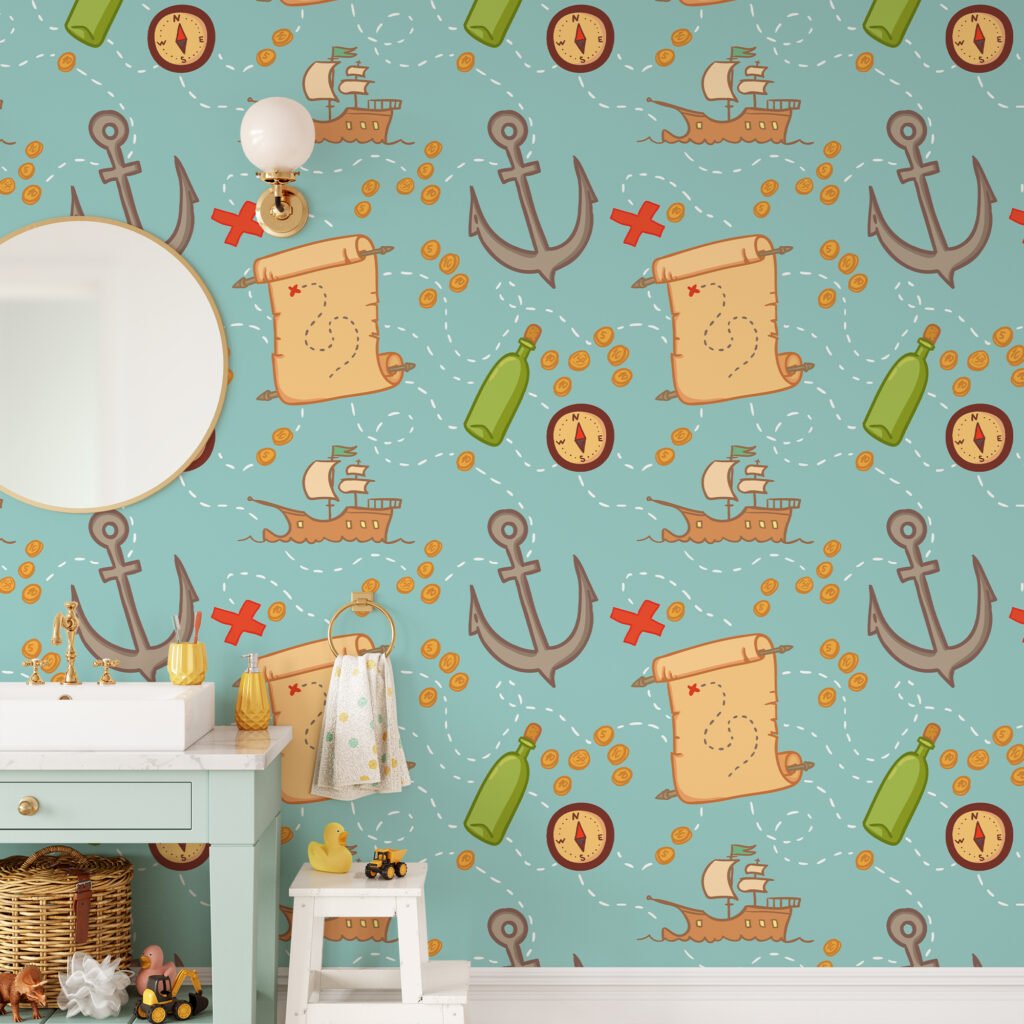 Pirate Themed Ships And Treasure Maps Wallpaper, Nautical Adventurous Kids Peel & Stick Wall Mural