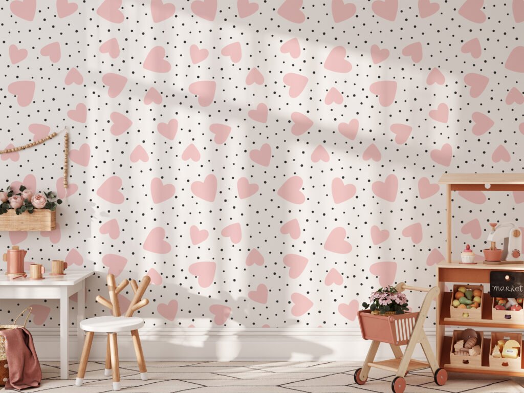Simple Pink Hearts And Black Dots Illustration Wallpaper, Sweet Pink Hearts Nursery Peel & Stick Wall Mural