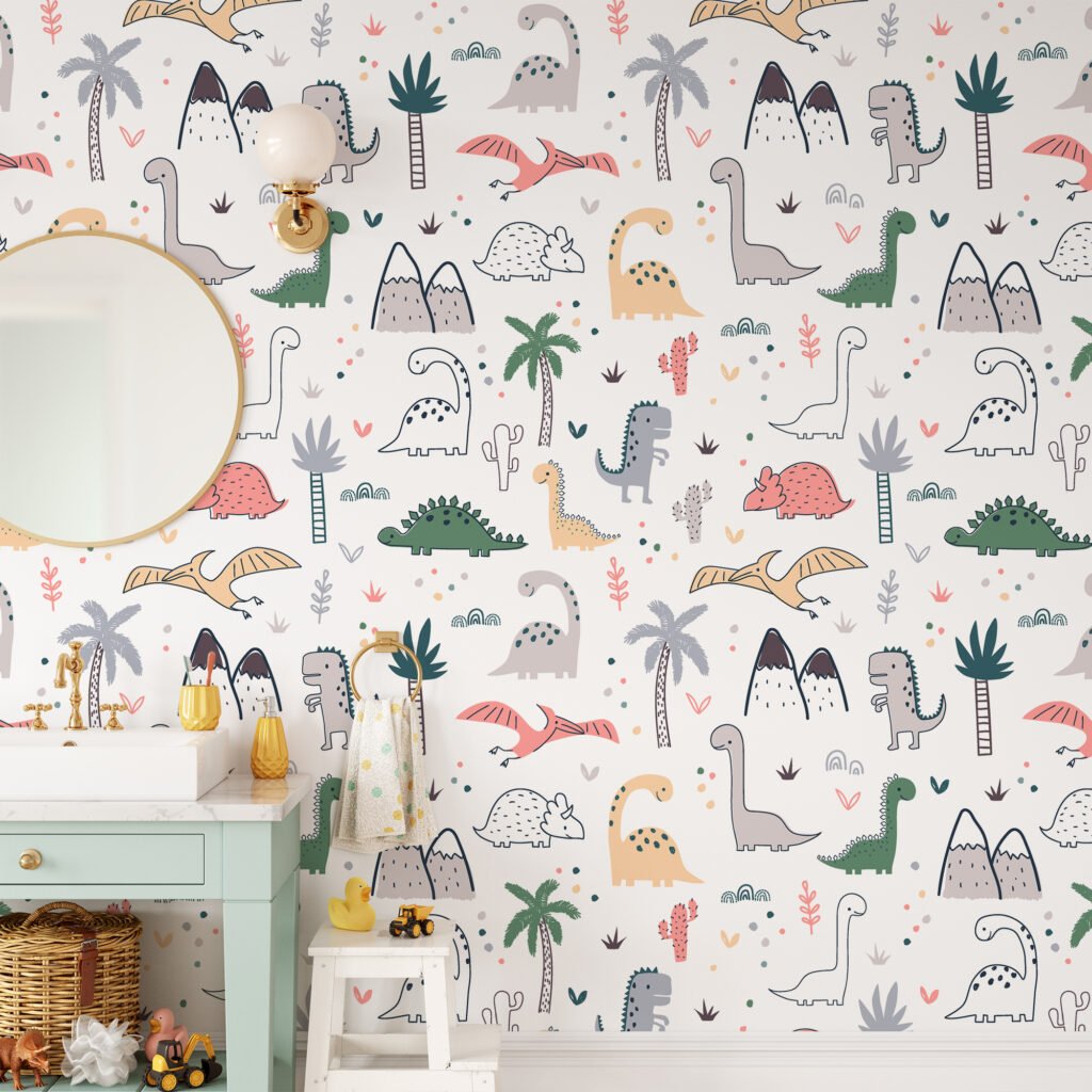 Cute Nursery Dinosaurs Drawings Illustration Pattern Wallpaper, Adorable Dinosaur Peel & Stick Wall Mural