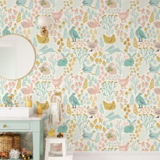 Flat Art Easter Bunnies And Chickens With Eggs Illustration Wallpaper, Pastel Nursery Theme Peel & Stick Wall Mural