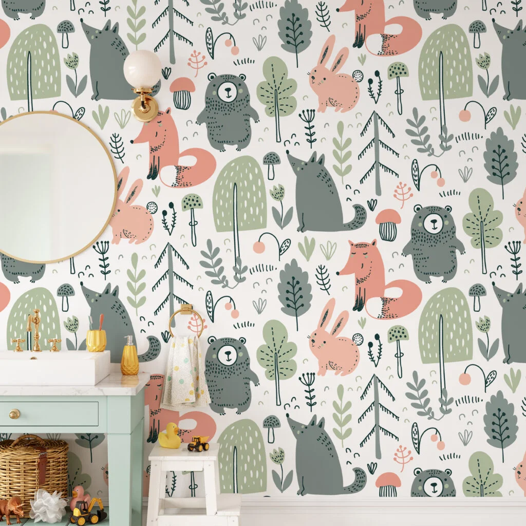 Nordic Scandinavian Forest Animals Drawings Illustration Wallpaper, Whimsical Forest Creatures Peel & Stick Wall Mural