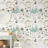 Nursery Dinosaurs Drawings With Flowers Illustration Wallpaper, Dinosaur Adventure Kids Room Peel & Stick Wall Mural