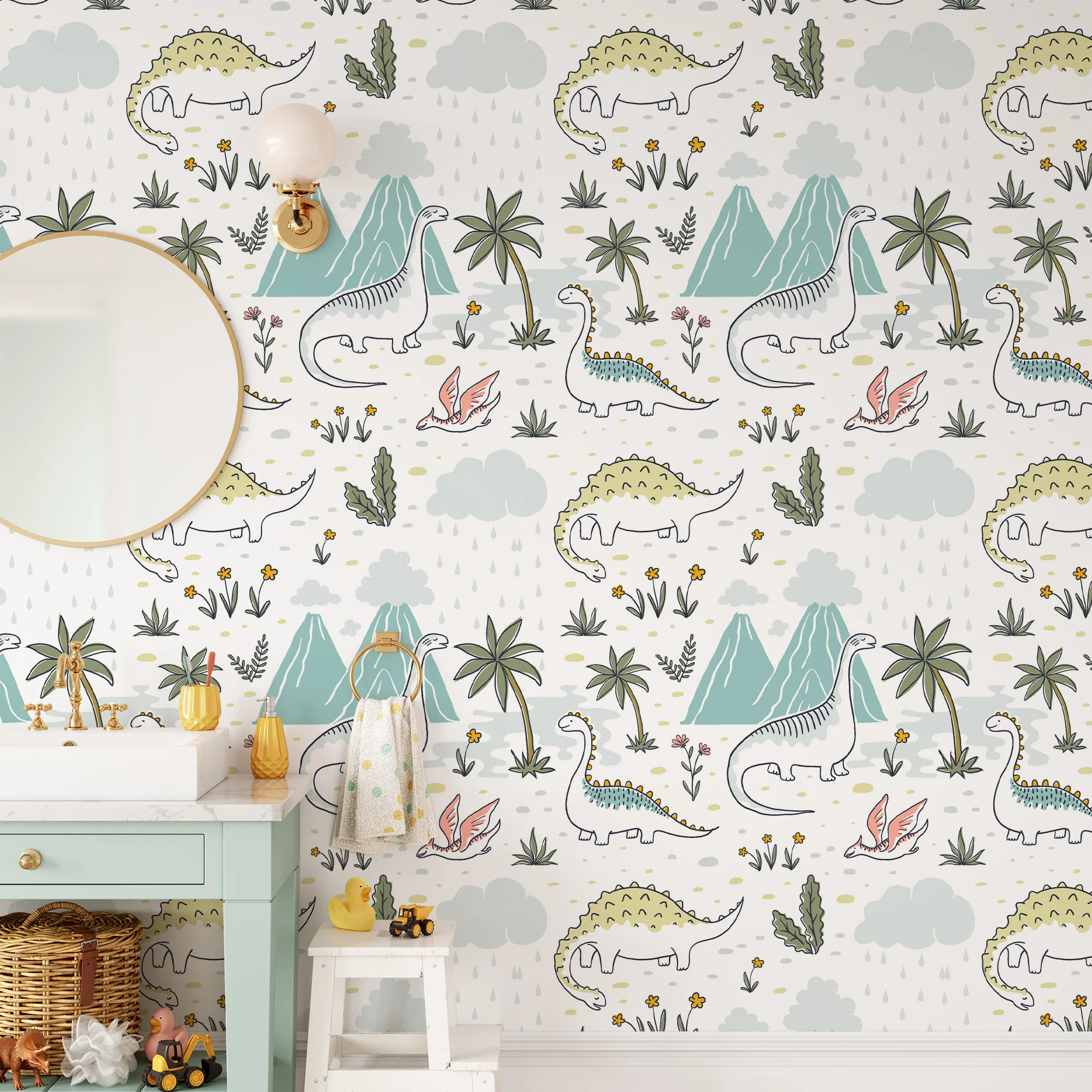 Nursery Dinosaurs Drawings With Flowers Illustration Wallpaper, Dinosaur Adventure Kids Room Peel & Stick Wall Mural